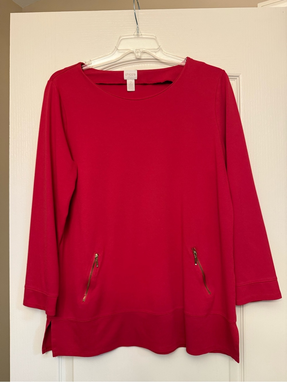 Chico's Red Long-Sleeve Tunic with Gold Zippers